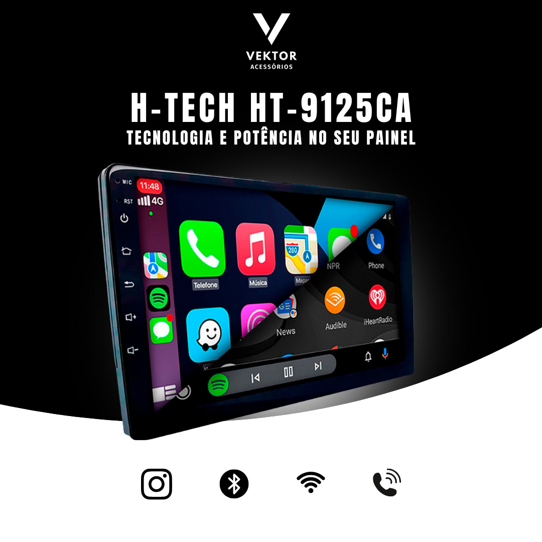 Multimídia MP5 2 Din 9 Polegadas" H-Tech HT-9125CA Android Auto CarPlay Sem Fio + Câmera de Ré