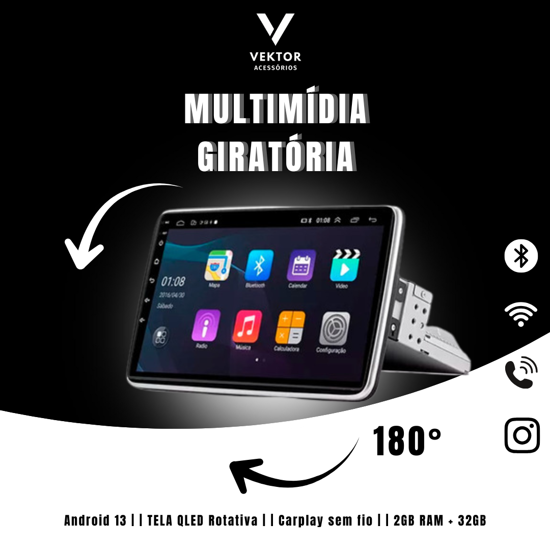 Central Multimídia Universal | Tela Rotativa e Flutuante Carplay Android Wifi (PARA QUALQUER CARRO)