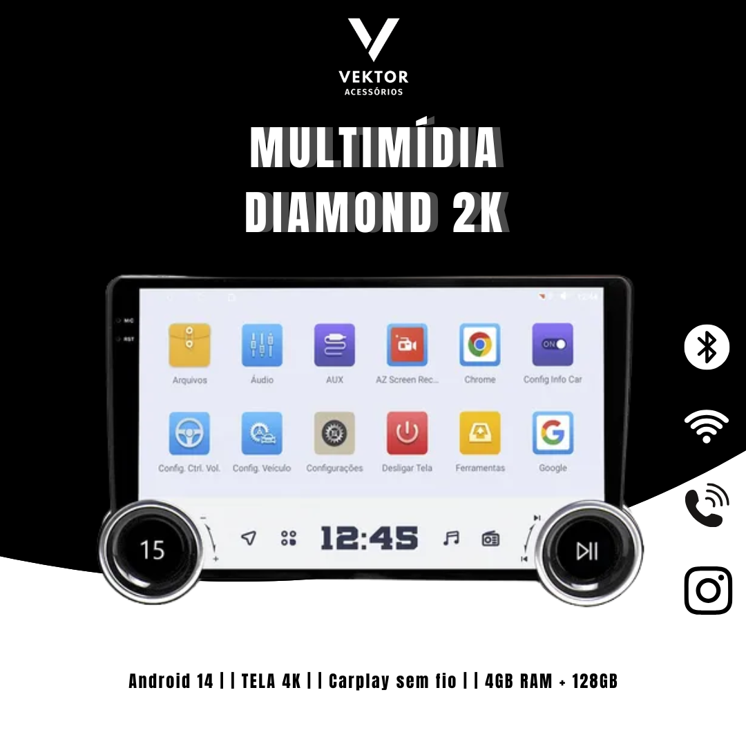 CENTRAL MULTIMIDIA UNIVERSAL WIFI ANDROID 12 TELA DIAMOND TOUCH (PARA QUALQUER CARRO) + Câmera de ré
